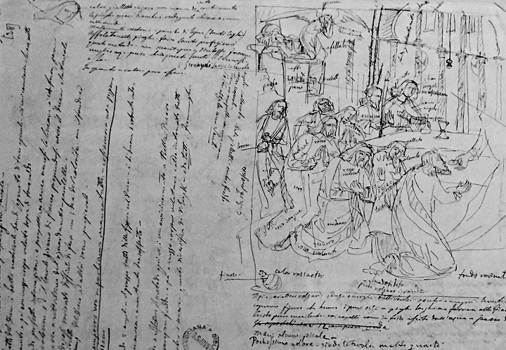 Отрывок из дневника историка искусства Джованни Баттиста Кавальказелле с зарисовками и заметками к картине Йоса ван Гента, изображающей Евхаристию