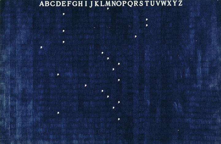 Одним из примером вдумчивого прочтения является произведение 1973 г художника Алигьеро Боэтти. Запятые обозначают порядок букв в предложении, следует читать сверху вниз по строчкам, и тогда сложится фраза «Mettere al mondo il mondo” («Поместить в мир мир»).