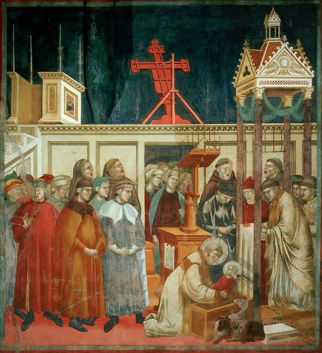 Джотто. Торжественное празднование Рождество в  Греччо.   Сцена 13 из жития Святого Франциска Фреска в Верхней церкви Сан-Франческо в Ассизи (1290 -1300)