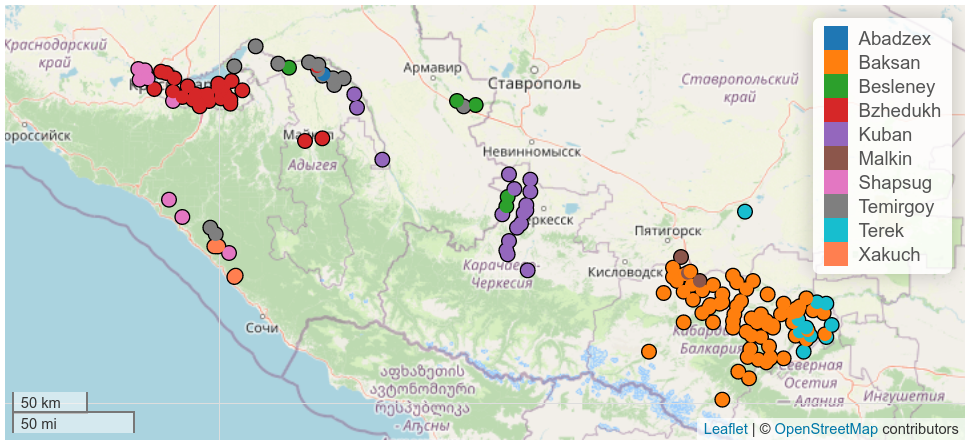 Карта распространения адыгских диалектов (одна точка – один населенный пункт)